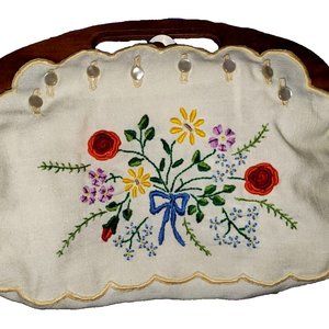 Vintage Boho Cottage Core Linen Floral Handmade Embroidered Top Handle Clutch